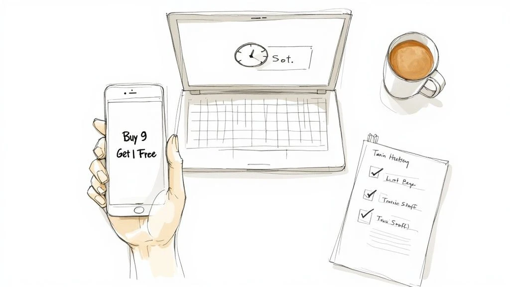 Ręka trzymająca smartfon z ofertą lojalnościową, laptop wyświetlający godzinę, kawę i listę zadań biznesowych.