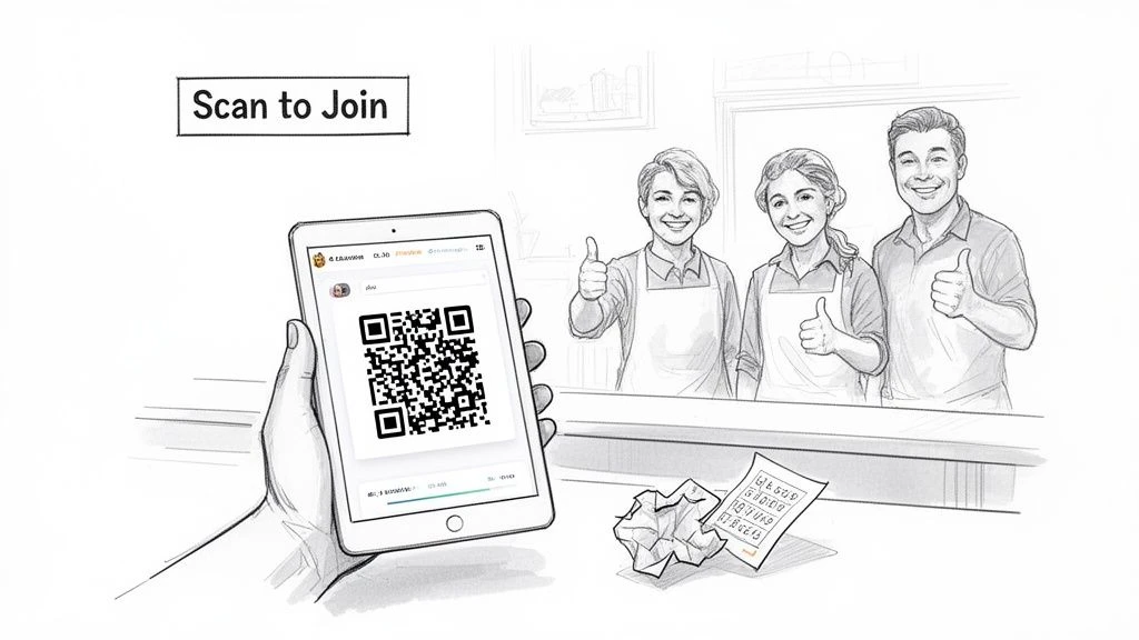 Hand holding tablet with QR code for joining, smiling staff give thumbs up.