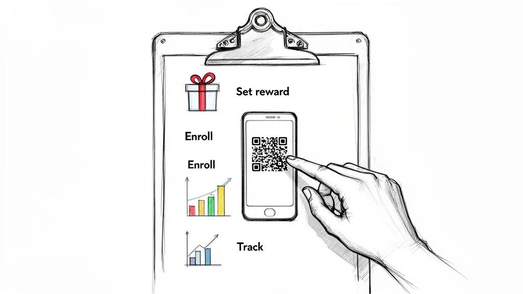 K&eacute;zzel beolvasol egy QR-k&oacute;dot egy okostelefonon egy hűs&eacute;gprogramhoz, amelynek l&eacute;p&eacute;sei k&ouml;z&eacute; tartozik a jutalmak be&aacute;ll&iacute;t&aacute;sa, a beiratkoz&aacute;s &eacute;s a nyomon k&ouml;vet&eacute;s.