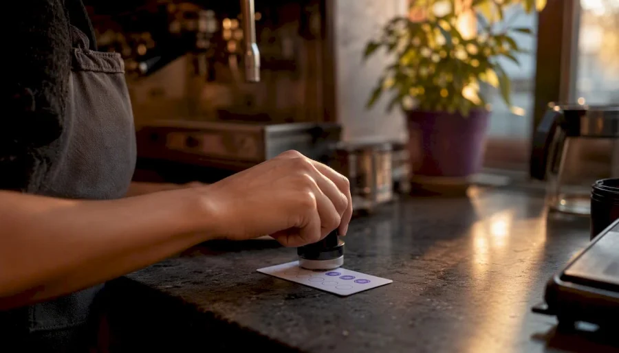 Mano sellando una tarjeta de fidelización en el mostrador de una cafetería