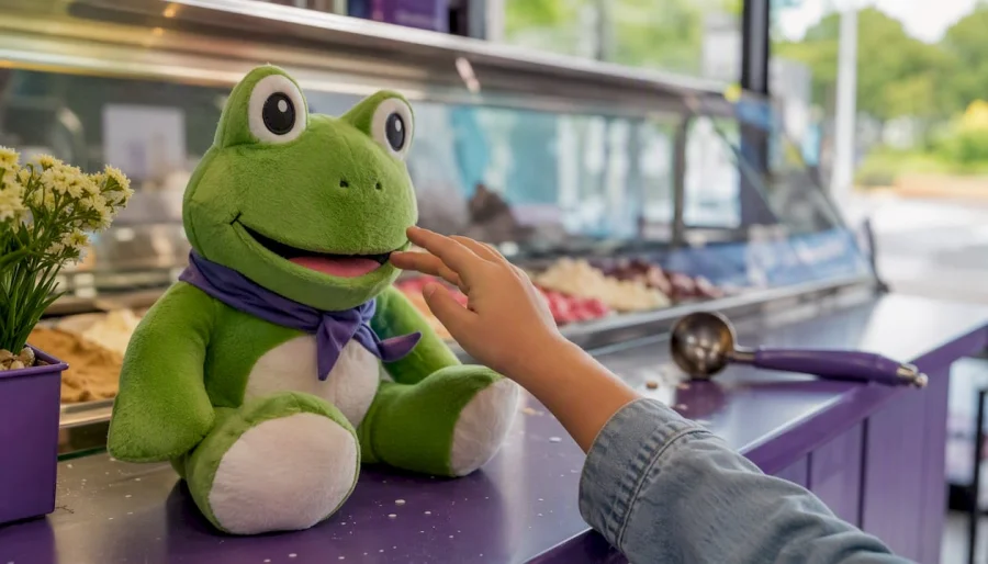 Mano tocando la mascota rana sobre el mostrador