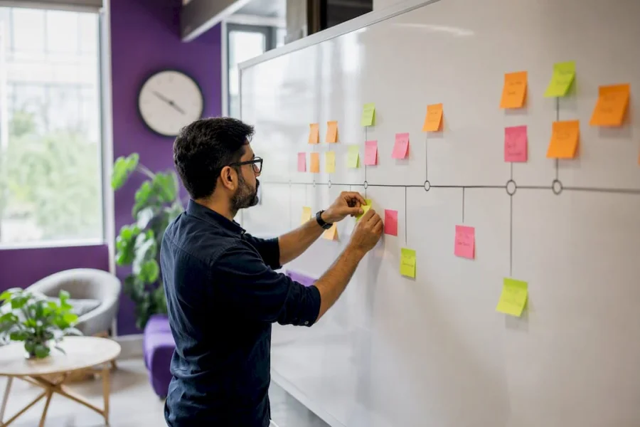 Hands arranging sticky notes on customer journey map