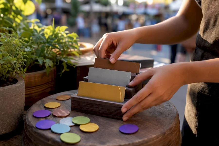 Hands assembling tier level loyalty cards