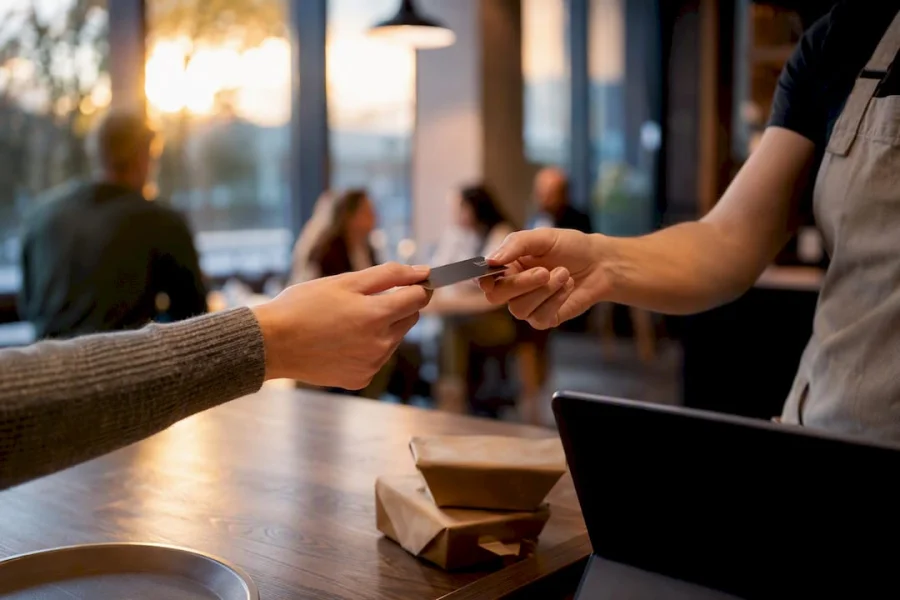 Manos intercambiando una tarjeta de fidelizaci&oacute;n por una recompensa