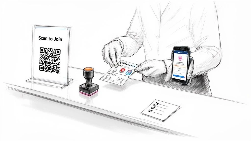 Ruky držiace fyzick&uacute; vernostn&uacute; kartu a smartf&oacute;n s vernostnou aplik&aacute;ciou, vedľa znak QR k&oacute;du a pečiatky.