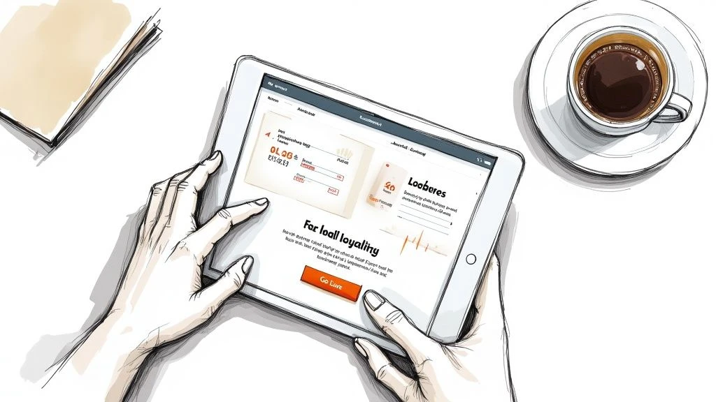 Kezében egy digitális hűségprogram felületét megjelenítő táblagép, mellette egy kávéscsésze és egy notebook.