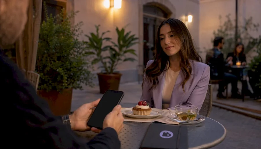 Hands holding smartphone with café membership app