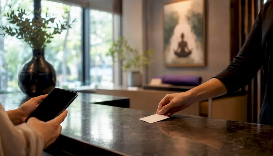 Hands interacting with wellness loyalty programme items