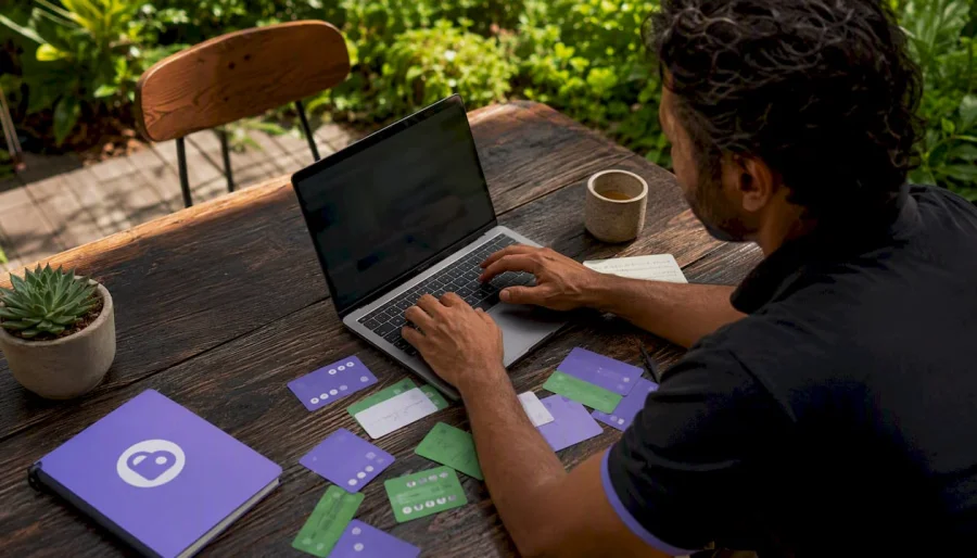 Hands typing on laptop with loyalty program documents
