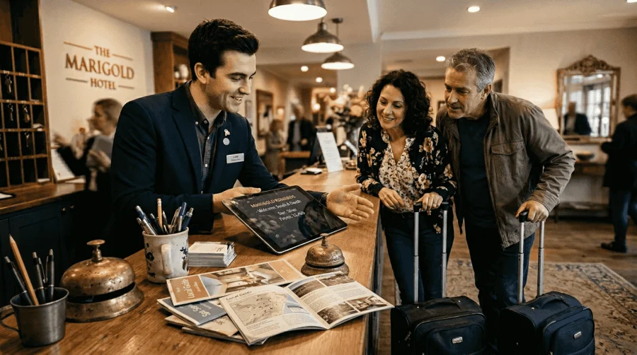 A szálloda személyzete segít a vendégeknek a hűségprogram alkalmazással kapcsolatban