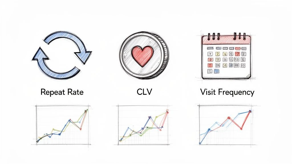 Ikonok &eacute;s diagramok, amelyek az &uuml;gyf&eacute;lelk&ouml;telezetts&eacute;gi mutat&oacute;kat szeml&eacute;ltetik: ism&eacute;tl&eacute;si ar&aacute;ny, CLV &eacute;s l&aacute;togat&aacute;si gyakoris&aacute;g.