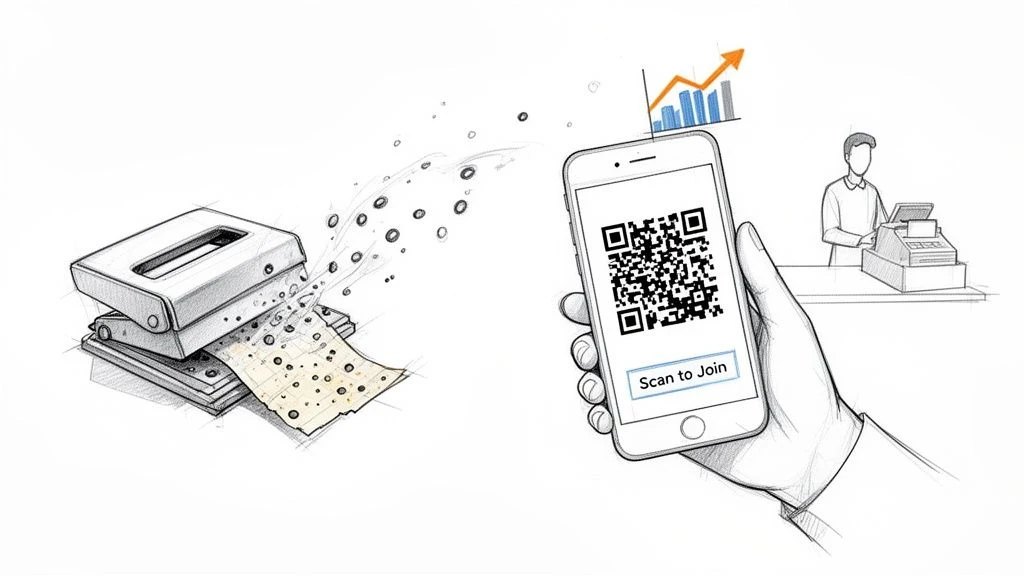 Ilustruje przejście od tradycyjnych kart dziurkowanych do nowoczesnego cyfrowego programu lojalnościowego za pomocą skanowania kod&oacute;w QR.