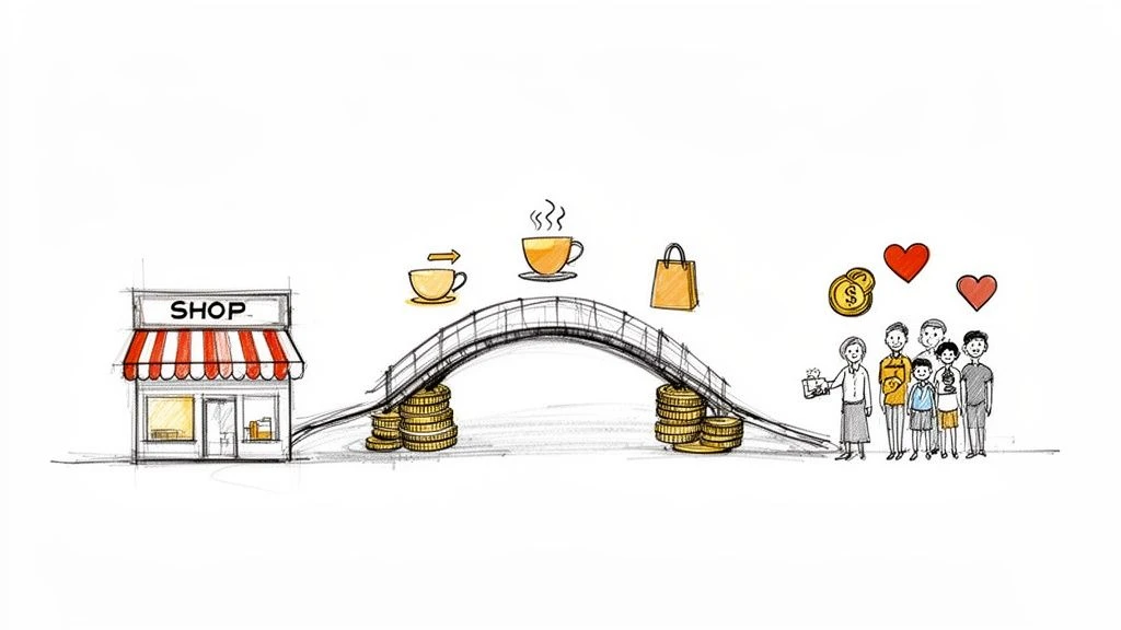 Ilustrácia: Obchod, mincový mostík s výrobkami, ktorý sa spája so spokojnými zákazníkmi a srdiečkami, symbolizujúcimi vernostný program.