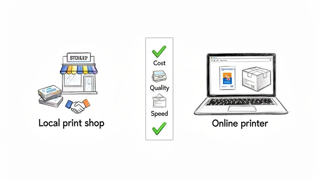 Ilustr&aacute;ciu porovn&aacute;vaj&uacute;cu miestne tlačiarne s online tlačov&yacute;mi službami s d&ocirc;razom na n&aacute;klady a r&yacute;chlosť.