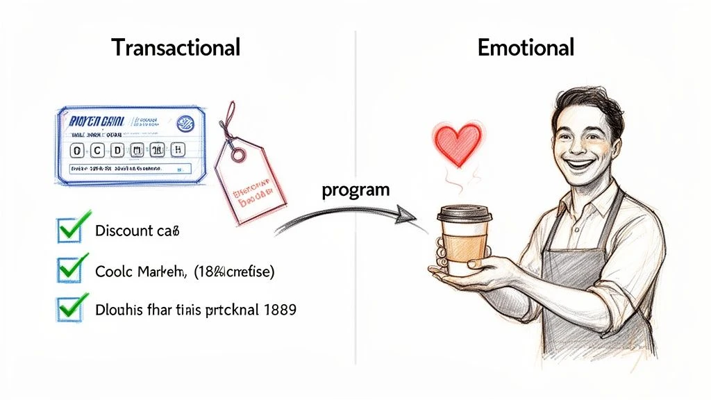 Ilustraci&oacute;n que compara la fidelidad transaccional con descuentos y tarjetas con la fidelidad emocional con un camarero feliz que ofrece caf&eacute; y un coraz&oacute;n.