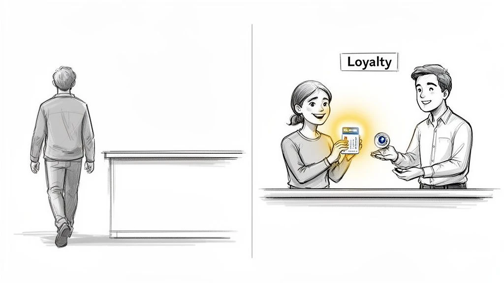 Illustration contrastant le d&eacute;sengagement avec un homme r&eacute;compensant une femme souriante avec un jeton de fid&eacute;lit&eacute;.