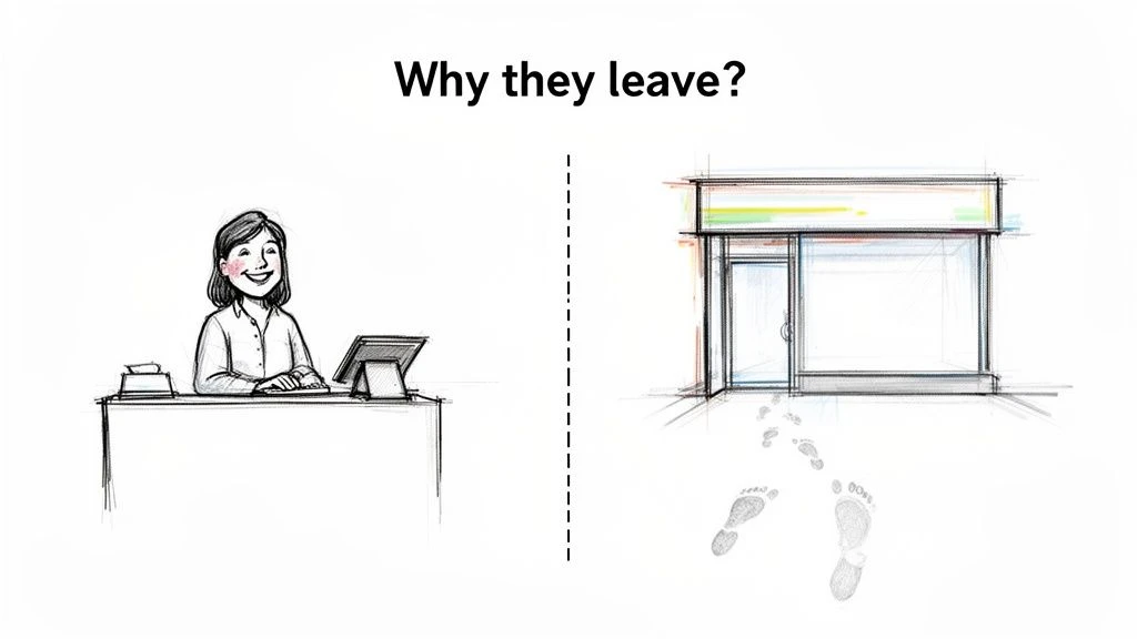 Ilustraci&oacute;n que muestra a un empleado sonriente por un lado y huellas que abandonan una tienda por el otro, cuestionando la rotaci&oacute;n de clientes.