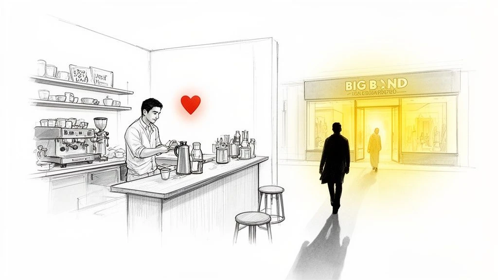 Illustration of a barista in a cafe with a red heart, and customers heading to a bright 'BIG BOND' store.