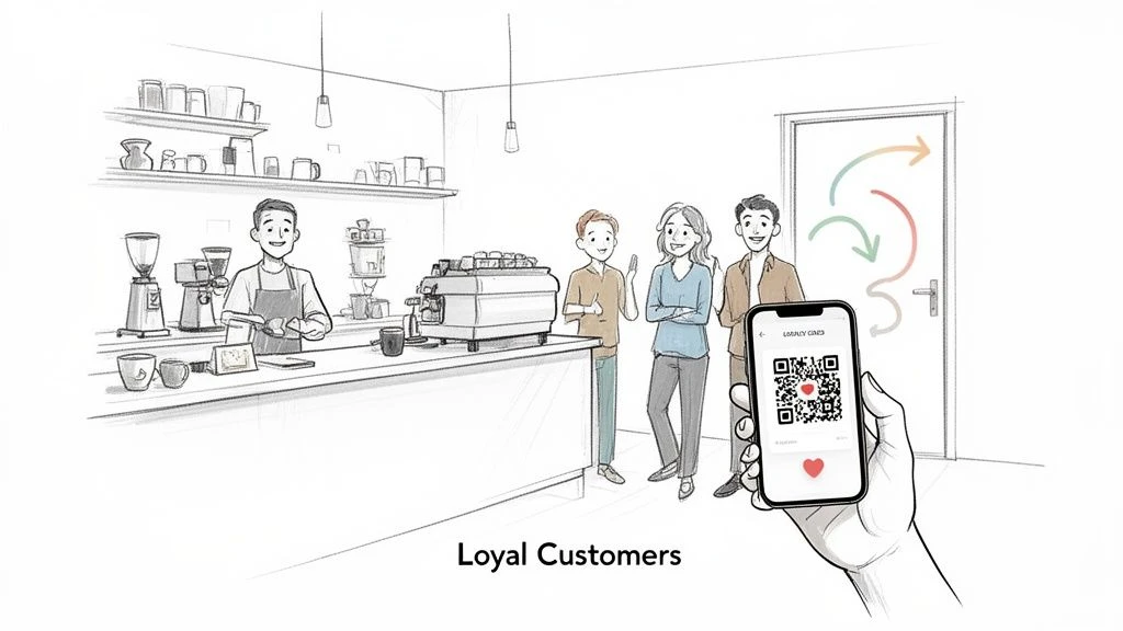 Ilustrace baristy obsluhuj&iacute;c&iacute;ho věrn&eacute; z&aacute;kazn&iacute;ky v kav&aacute;rně, z nichž jeden skenuje aplikaci věrnostn&iacute; karty na chytr&eacute;m telefonu.