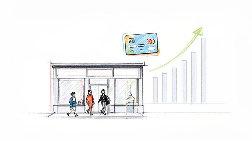 Illustration d'une vitrine de commerce avec des clients, une carte de crédit et un graphique de ventes à la hausse.