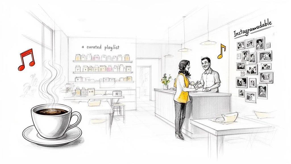 Illustrazione di un affascinante caff&egrave; che offre caff&egrave;, musica e un'atmosfera degna di Instagram.