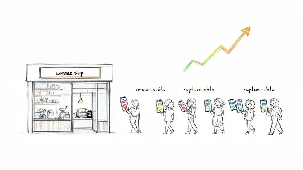 Ilustración de una cafetería, clientes que utilizan aplicaciones de recompensa para repetir visitas y captura de datos, que muestra el crecimiento del negocio.