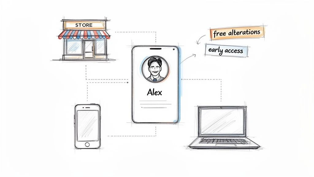 Ilustrace věrnostn&iacute;ho programu pro z&aacute;kazn&iacute;ky, kter&yacute; propojuje obchod, mobiln&iacute; aplikaci a notebook s profilem Alexe a nab&iacute;z&iacute; bezplatn&eacute; &uacute;pravy a dř&iacute;věj&scaron;&iacute; př&iacute;stup.