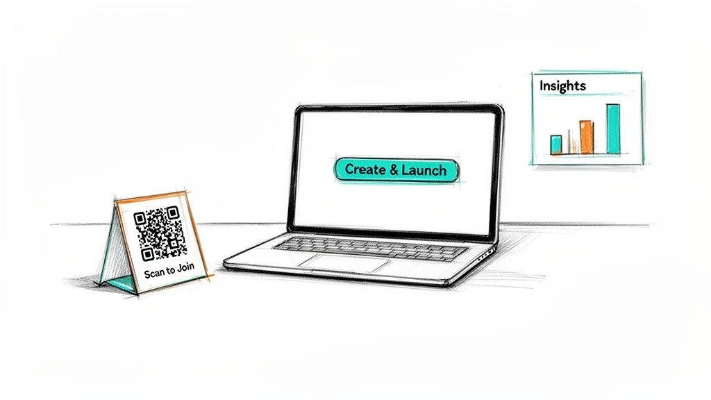 Illustration of a laptop with 'Create & Launch' button, a 'Scan to Join' QR code stand, and an 'Insights' graph.