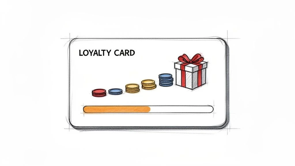 Illustration d'une carte de fid&eacute;lit&eacute; pr&eacute;sentant des pi&egrave;ces &eacute;chelonn&eacute;es et une barre de progression menant &agrave; un cadeau.