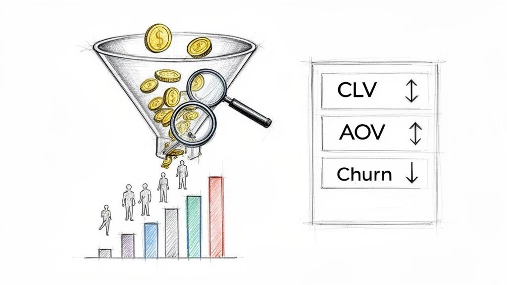 Illustration eines Marketingtrichters mit M&uuml;nzen, Kundenwachstum und Gesch&auml;ftskennzahlen CLV, AOV, Churn.
