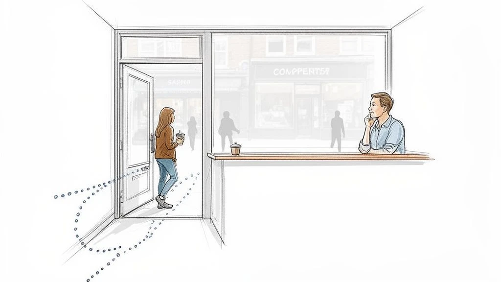 Illustrazione di una donna che entra in un edificio, un uomo che guarda fuori e correnti d'aria visibili.