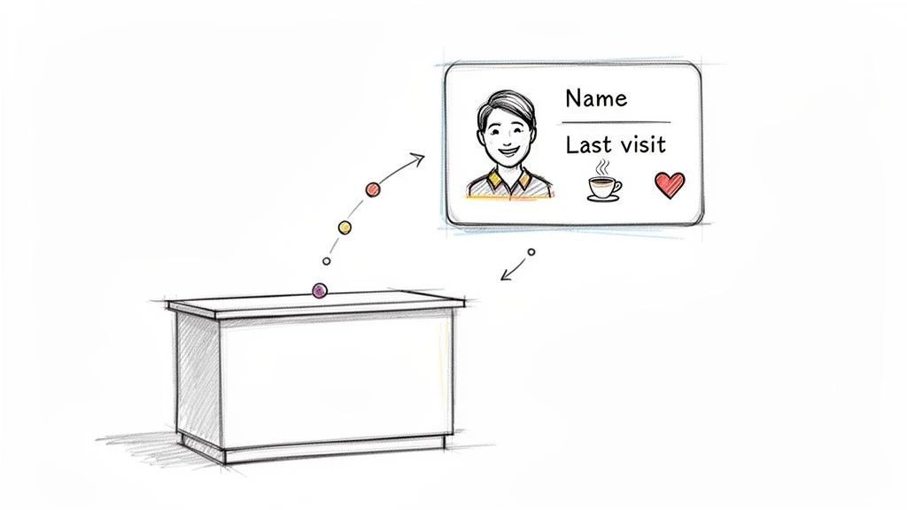 Illustration des données d'un client passant d'un guichet à une carte de profil numérique indiquant le nom, la visite et les icônes.