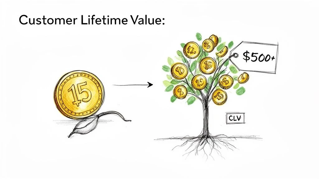 Ilustr&aacute;cia celoživotnej hodnoty z&aacute;kazn&iacute;ka zobrazuj&uacute;ca jednu mincu, ktor&aacute; sa rozrastie na strom peňaz&iacute; v hodnote viac ako 500 dol&aacute;rov.