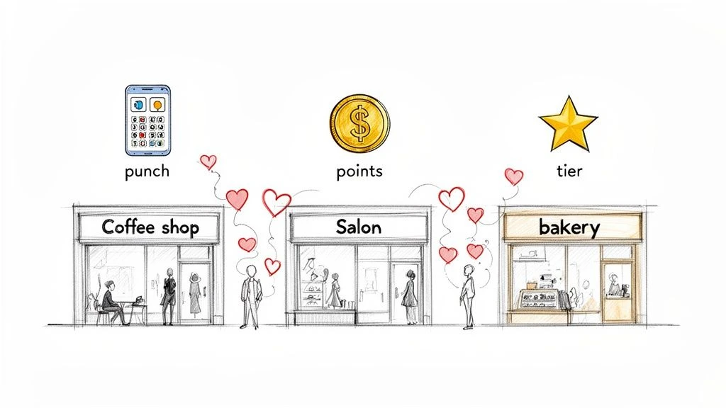 Egy k&aacute;v&eacute;z&oacute;t, szalont &eacute;s p&eacute;ks&eacute;get &ouml;sszek&ouml;tő k&uuml;l&ouml;nb&ouml;ző hűs&eacute;gprogramok (&uuml;t&eacute;s, pontok, szintek) illusztr&aacute;ci&oacute;ja.