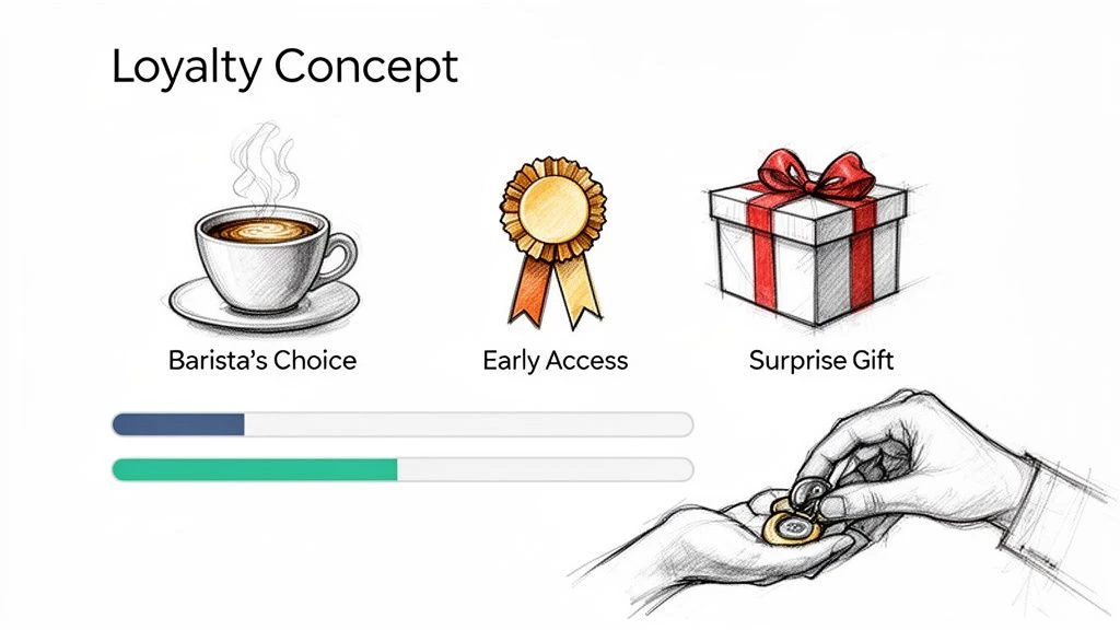 Illustration of loyalty concept showing coffee, medal, gift box, progress bars, and hands exchanging coins.