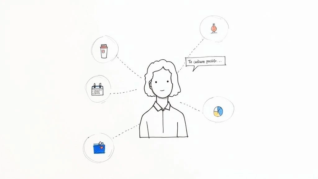 Ilustrace osoby, která přemýšlí o strategiích udržení zákazníků, včetně kalendáře, kávy, analýzy a nakupování.