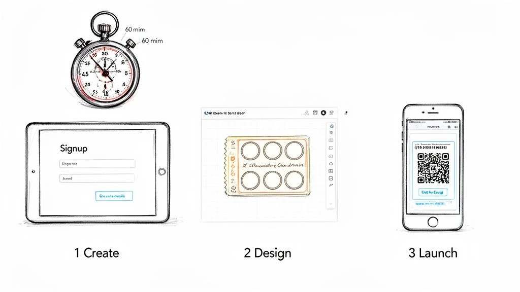Ilustracja trzech krok&oacute;w: tworzenie formularza rejestracji, projektowanie programu lojalnościowego i uruchomienie za pomocą kodu QR.