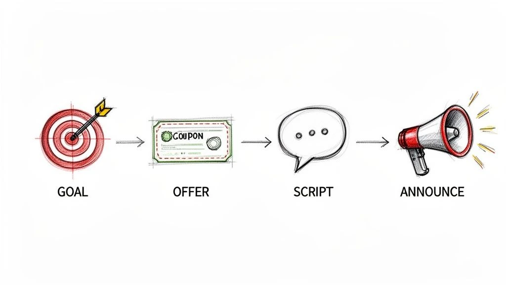 Ilustracja przedstawiająca czteroetapowy proces marketingowy: Cel, Oferta, Scenariusz i Ogłoszenie.