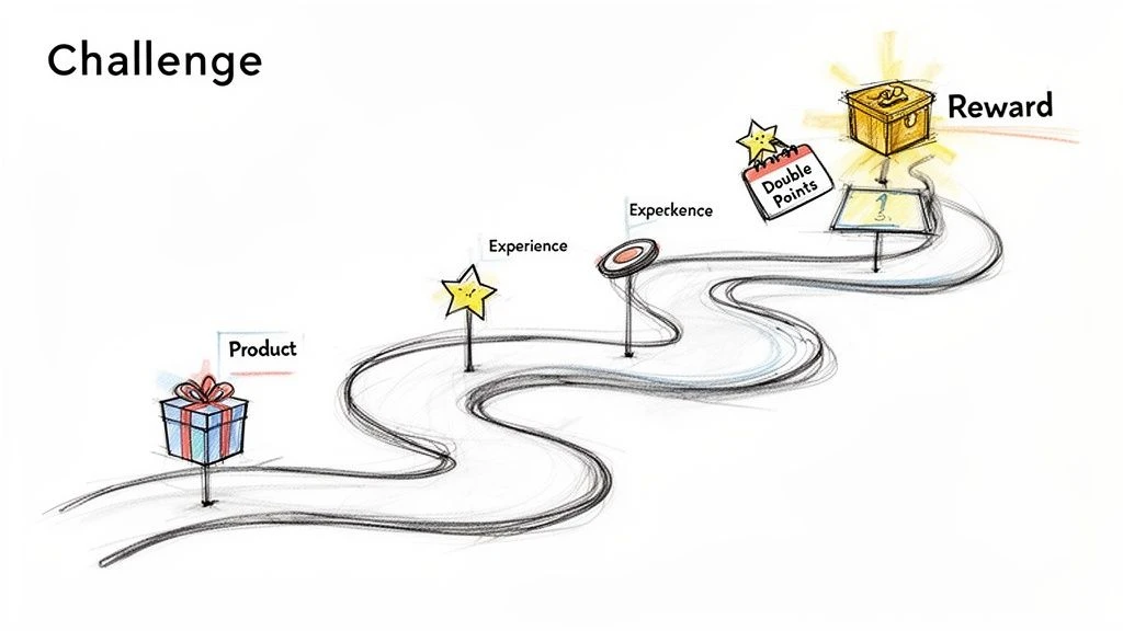 Ilustracja przedstawiająca gamifikowaną podr&oacute;ż z krętą ścieżką od produktu do doświadczenia, podw&oacute;jnych punkt&oacute;w i nagrody.