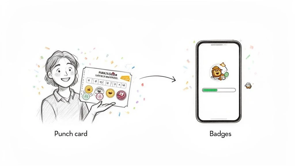 Illustration showing a physical punch card transforming into digital loyalty badges on a mobile phone app.