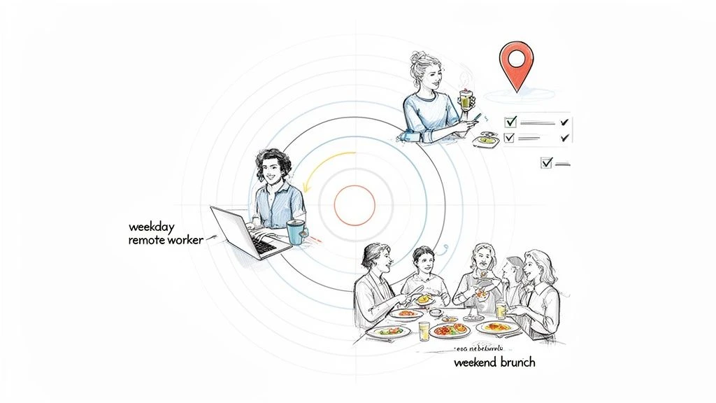 Ilustrace zobrazuj&iacute;c&iacute; pracovn&iacute;ka na d&aacute;lku ve v&scaron;edn&iacute; den, osobu sn&iacute;daj&iacute;c&iacute; a př&aacute;tele, kteř&iacute; si už&iacute;vaj&iacute; v&iacute;kendov&yacute; brunch.