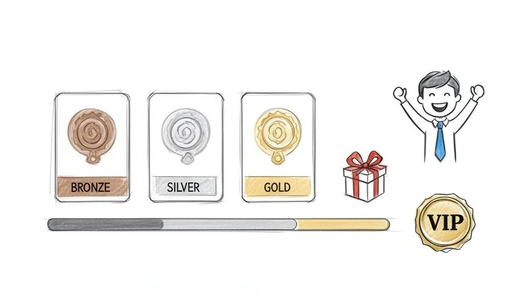 Illustrazione che mostra i livelli di fedelt&agrave; dei clienti: Bronzo, Argento, Oro, con una barra di avanzamento, un regalo e lo status di VIP.