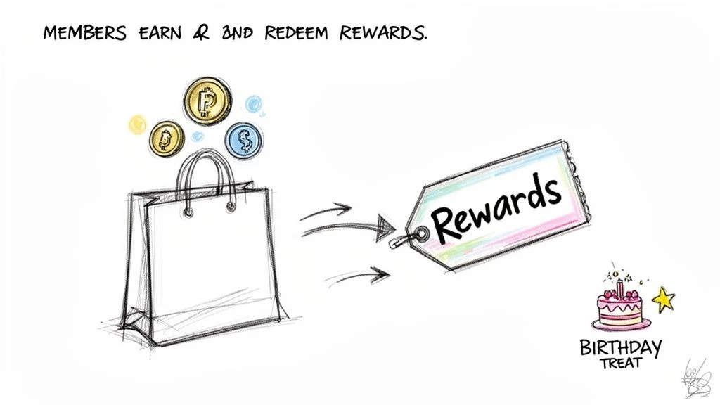 Illustration showing members earning coins from shopping, which convert into rewards, including a birthday treat.