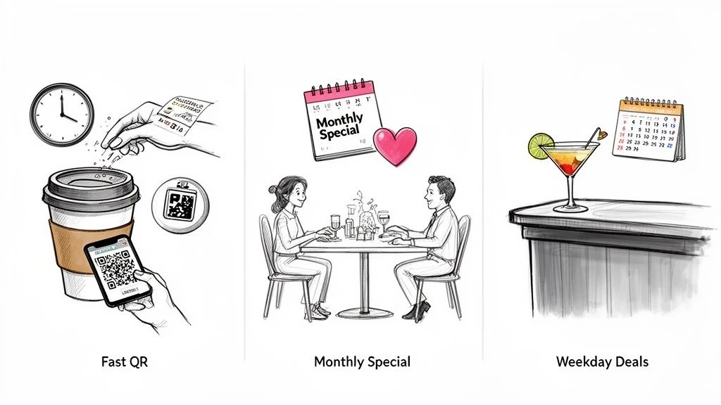 Illustrationen, die schnelle QR-Zahlungen f&uuml;r Kaffee, ein Paar, das ein Monatsangebot in einem Restaurant genie&szlig;t, und Cocktailangebote an Wochentagen zeigen.