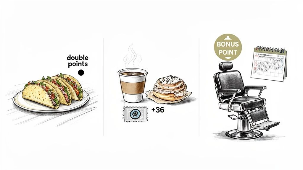 Ilustrácie zobrazujúce rôzne spôsoby získavania bodov vrátane dvojitých bodov za tacos, bonusových bodov za služby a kumulovaných bodov za kávu a zákusky.