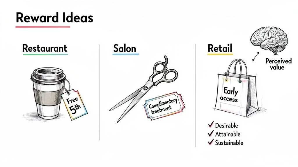 Illustrationen von Belohnungsideen f&uuml;r Restaurants, Salons und den Einzelhandel, die den wahrgenommenen Wert und Treueprogramme hervorheben.