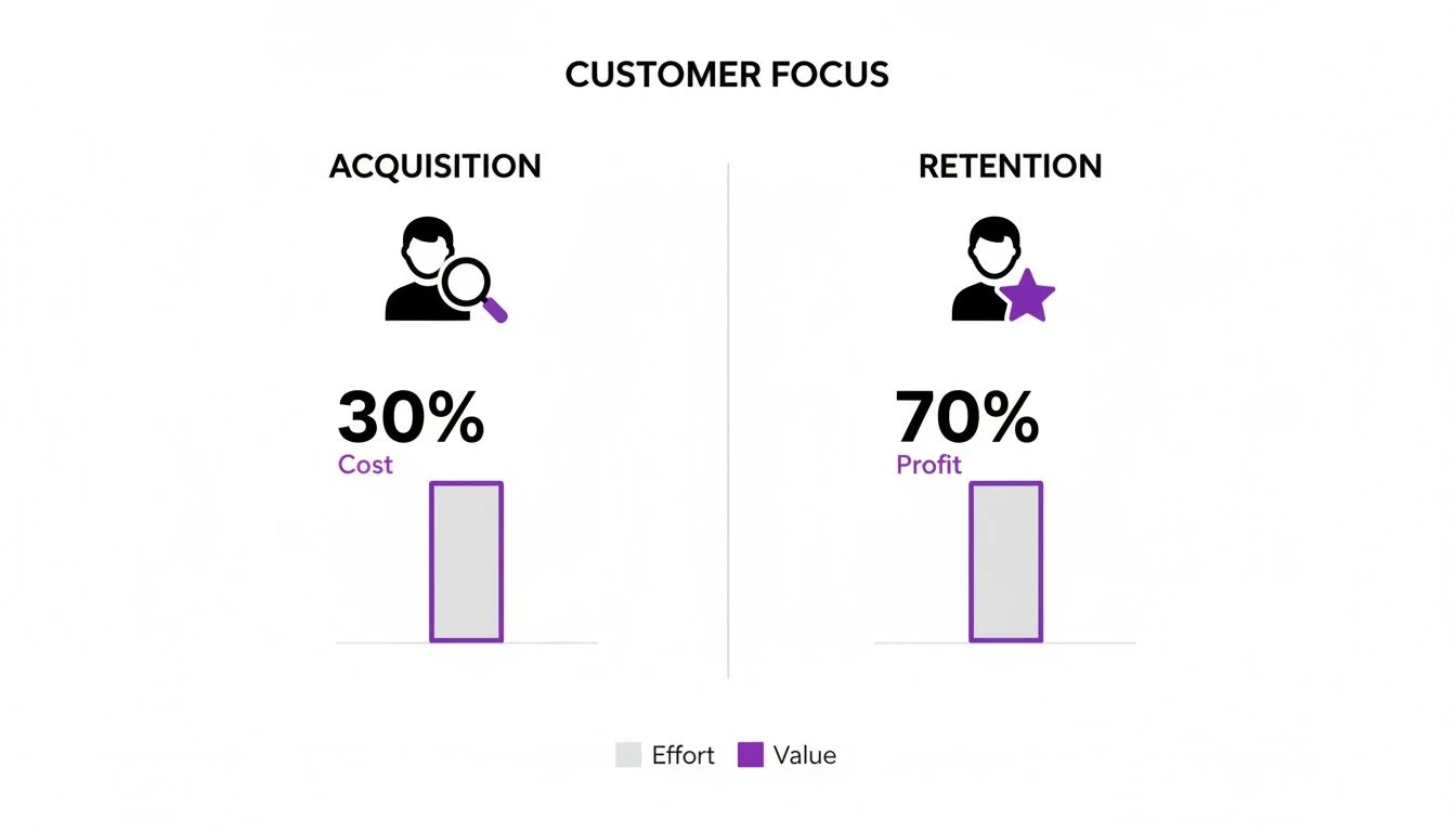 Infografika por&oacute;wnująca pozyskanie klienta (30% koszt&oacute;w) z jego utrzymaniem (70% zysku) za pomocą wykres&oacute;w słupkowych.