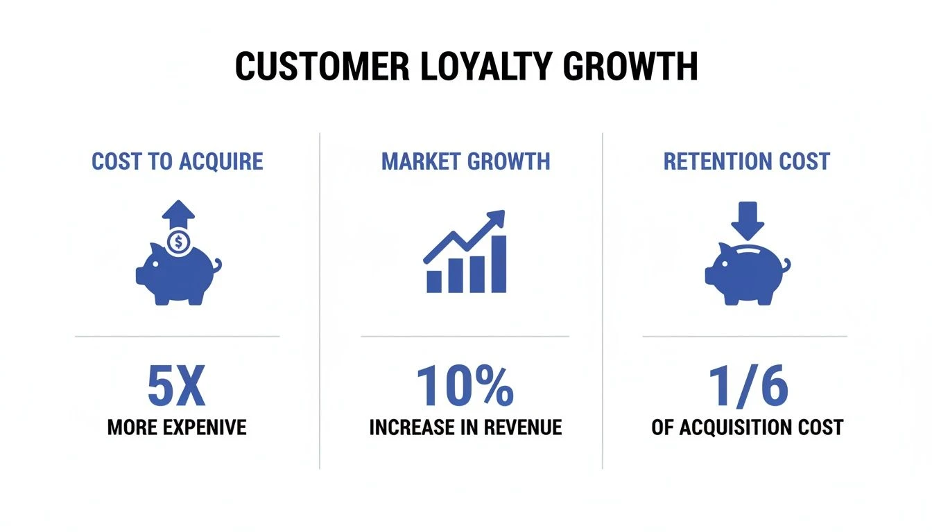 Infograf&iacute;a que compara el coste de adquisici&oacute;n de clientes, el aumento de ingresos por crecimiento en el mercado y el ahorro en costes de retenci&oacute;n por fidelizaci&oacute;n.
