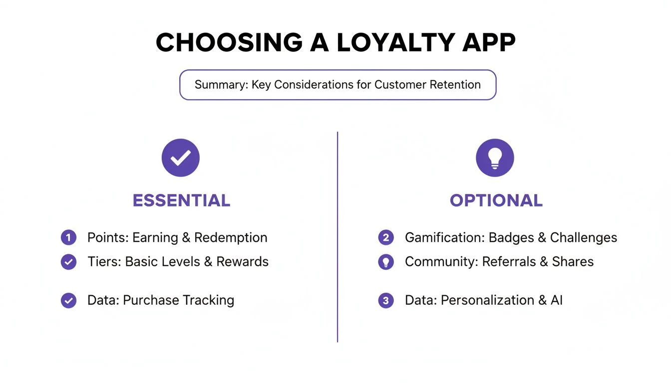 Infografik, die wesentliche und optionale Funktionen f&uuml;r die Auswahl einer Kundenbindungs-App vergleicht.