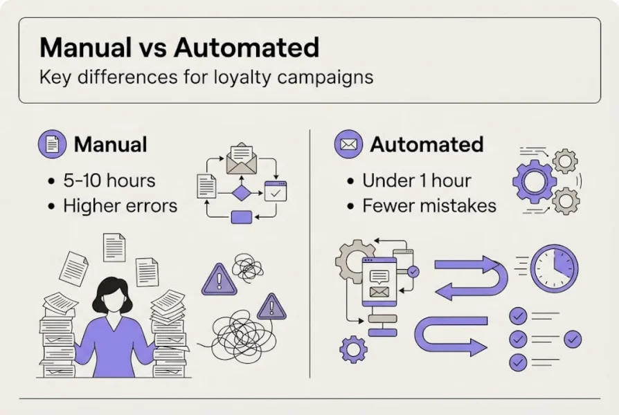 Infografika porównująca ręczne i automatyczne zarządzanie lojalnością